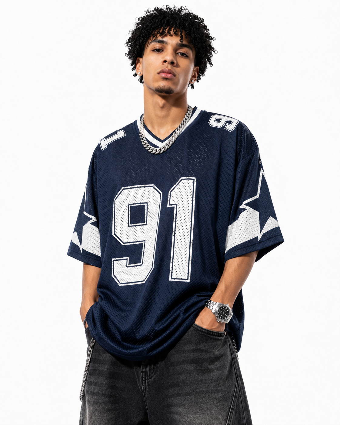 Oversized T-Shirt für Damen V-Ausschnitt Kurzarm Sommer Patchwork Blau Speed 91 Print Lässige T-Shirts Sport Fußball Trikot Y2k Tops