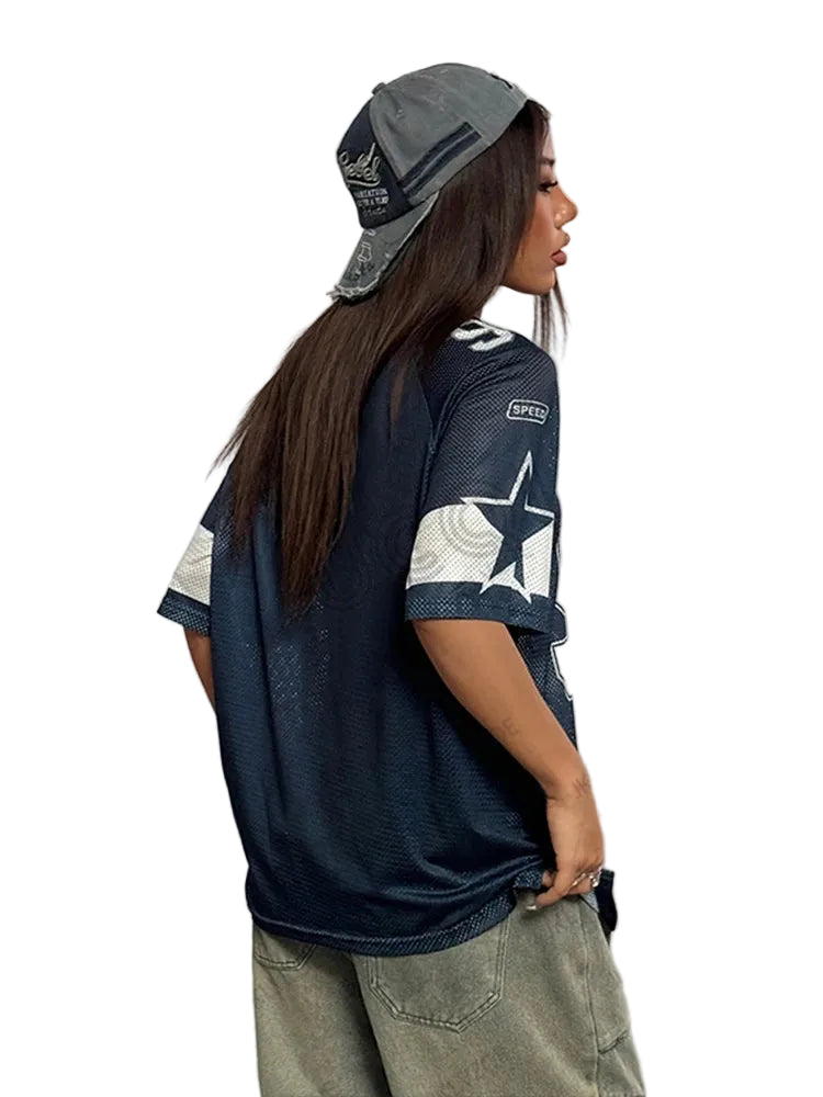 Oversized T-Shirt für Damen V-Ausschnitt Kurzarm Sommer Patchwork Blau Speed 91 Print Lässige T-Shirts Sport Fußball Trikot Y2k Tops