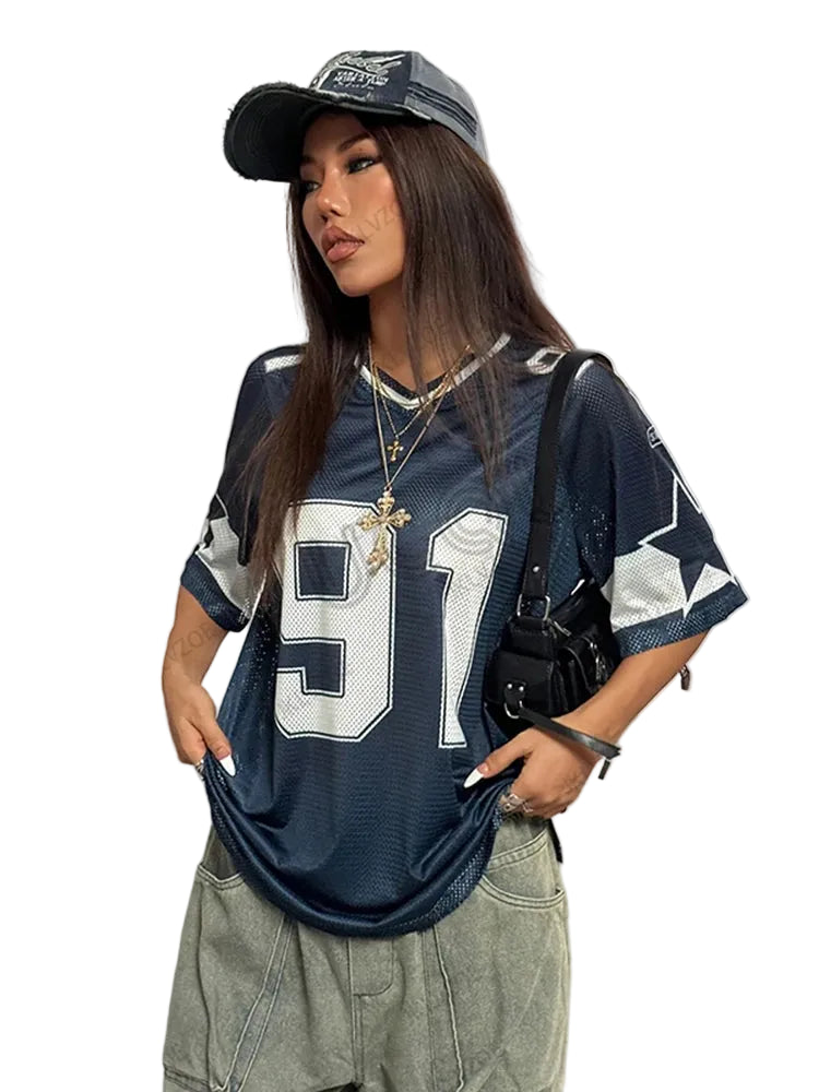 Oversized T-Shirt für Damen V-Ausschnitt Kurzarm Sommer Patchwork Blau Speed 91 Print Lässige T-Shirts Sport Fußball Trikot Y2k Tops